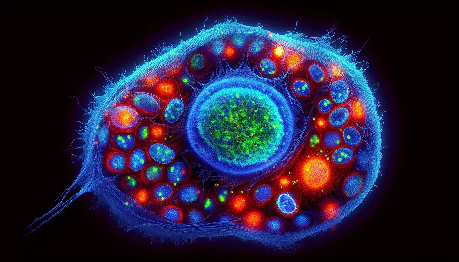 Vista microscópica de célula eucariota con núcleo azul brillante, nucleolo verde, citoesqueleto rojo y orgánulos amarillos.