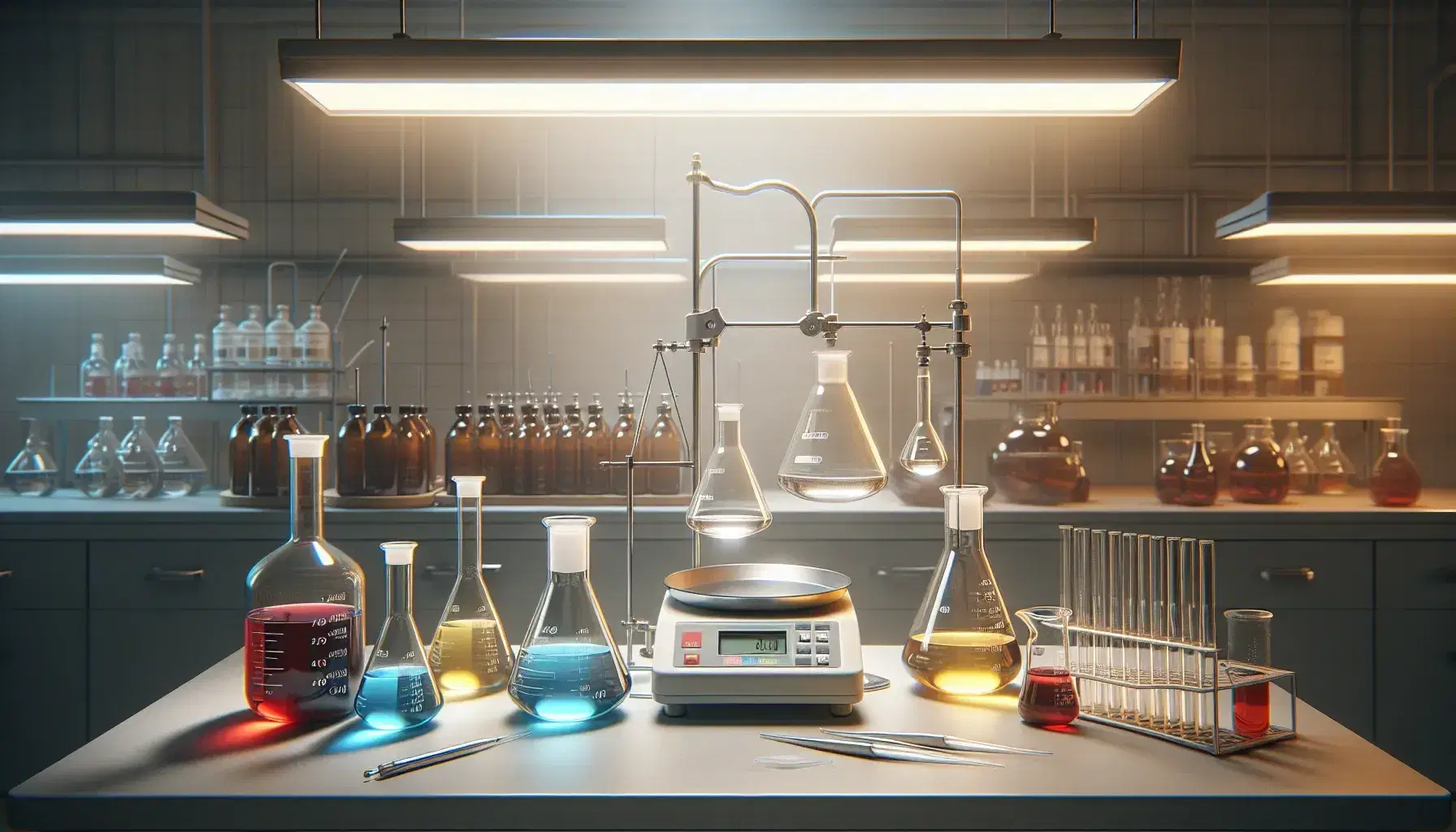 Laboratorio de química con mesa y frascos Erlenmeyer con líquidos de colores, pipetas, balanza analítica y estante con botellas de reactivos.