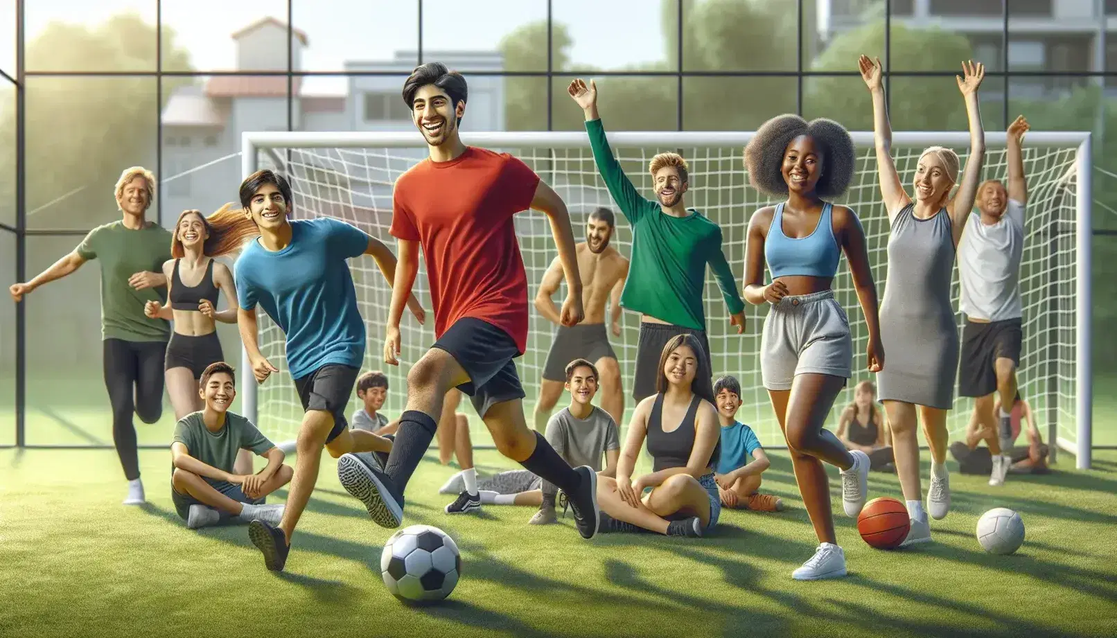 Grupo multicultural realizando actividades deportivas al aire libre en un campo verde, con un niño pateando un balón de fútbol y una mujer corriendo, mientras otros juegan vóleibol y practican yoga en un día soleado.