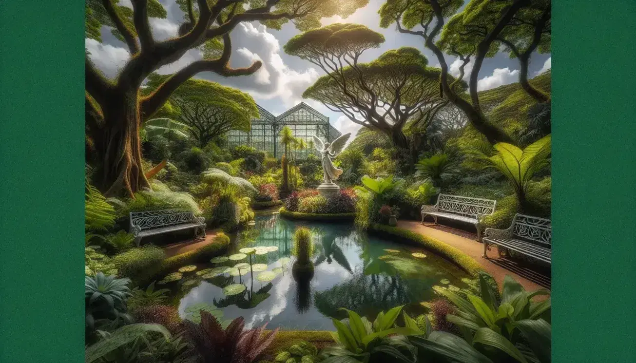 Jardín botánico tropical con estanque de agua clara, estatua de mármol de figura alada, bancos de hierro forjado y un invernadero al fondo.