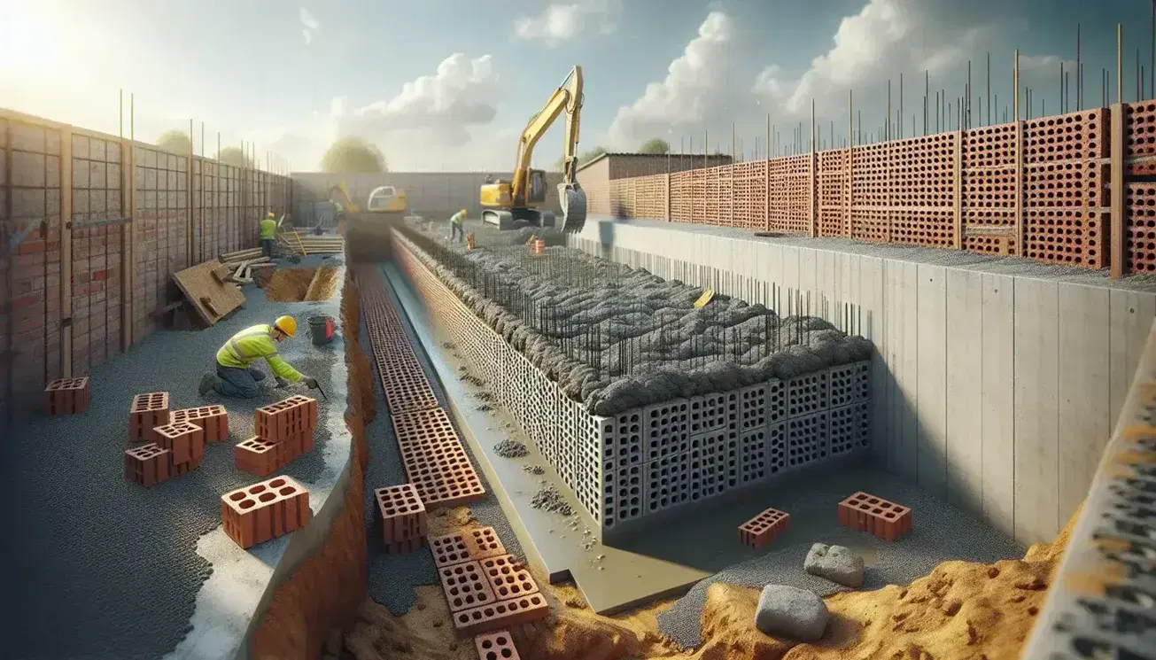 Cantiere edile con fondamenta in cemento armato, operaio con casco giallo che muratura mattoni rossi, escavatore giallo in lontananza e cielo sereno.
