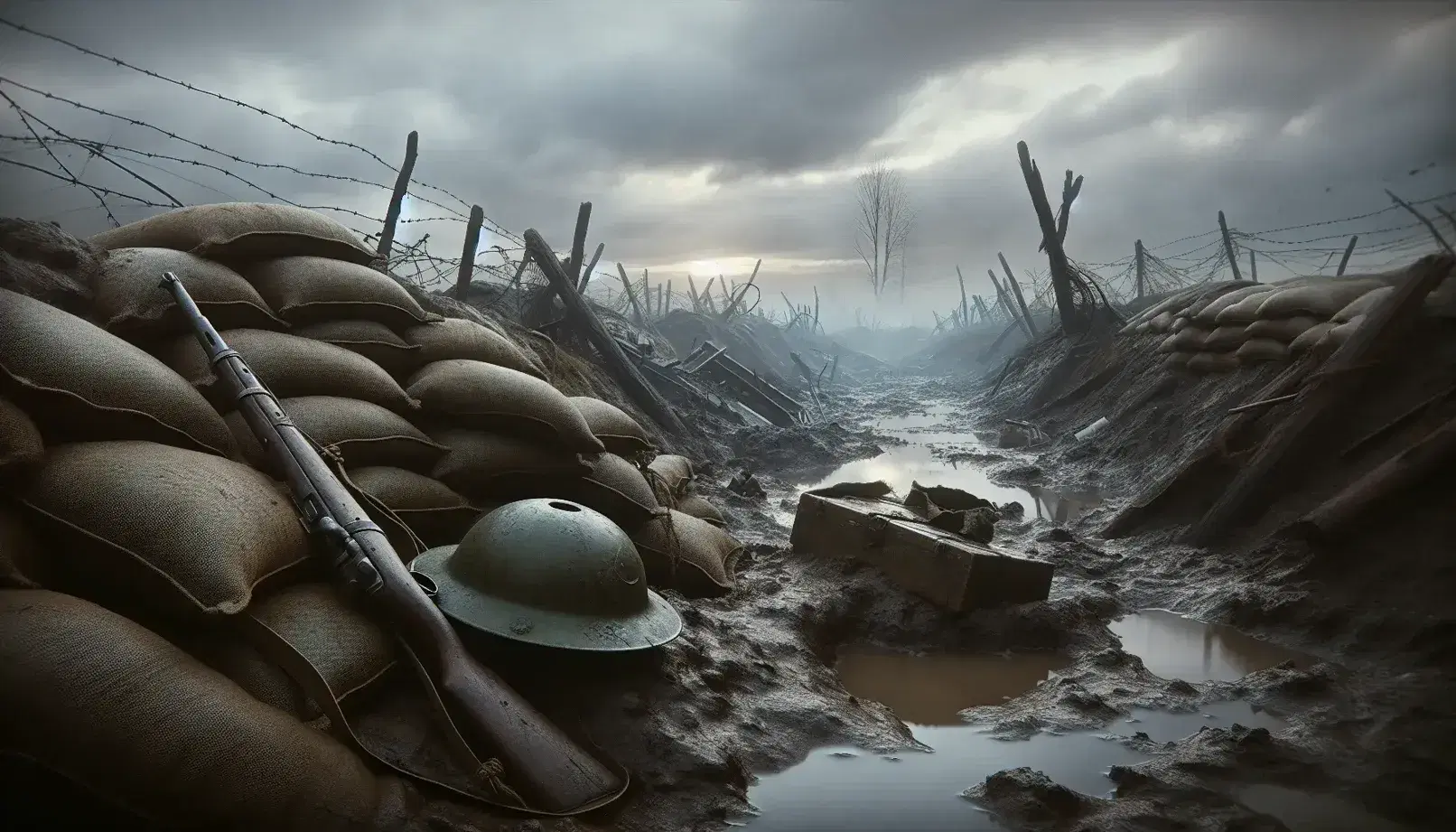 Campo di battaglia della Prima Guerra Mondiale con casco militare, fucile, trincea e albero danneggiato sotto cielo nuvoloso.