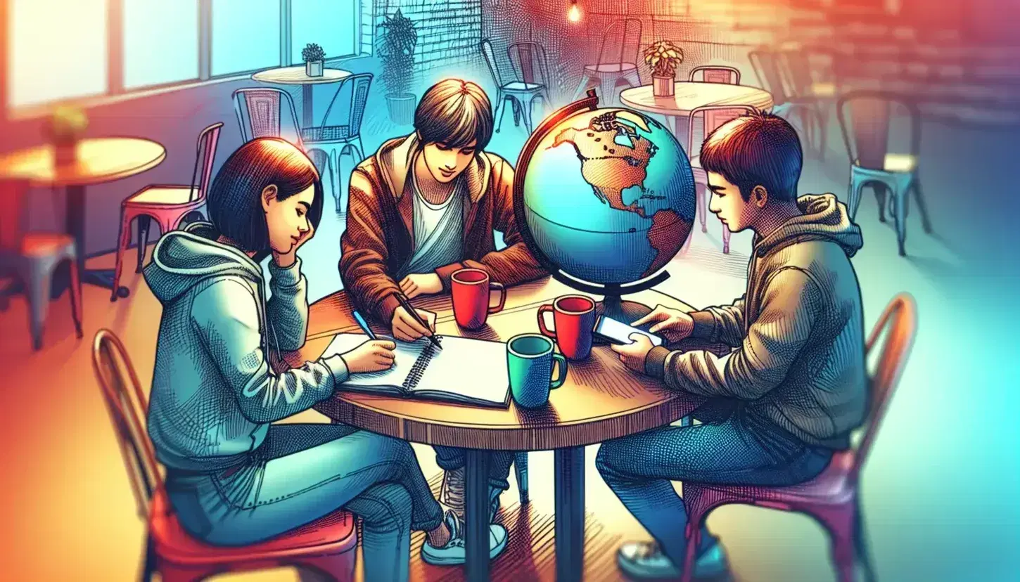 Three young adults collaborate in a cozy cafe, one writing in a notebook, another examining a globe, and the third showing a smartphone, with colorful mugs and a plant on the table.