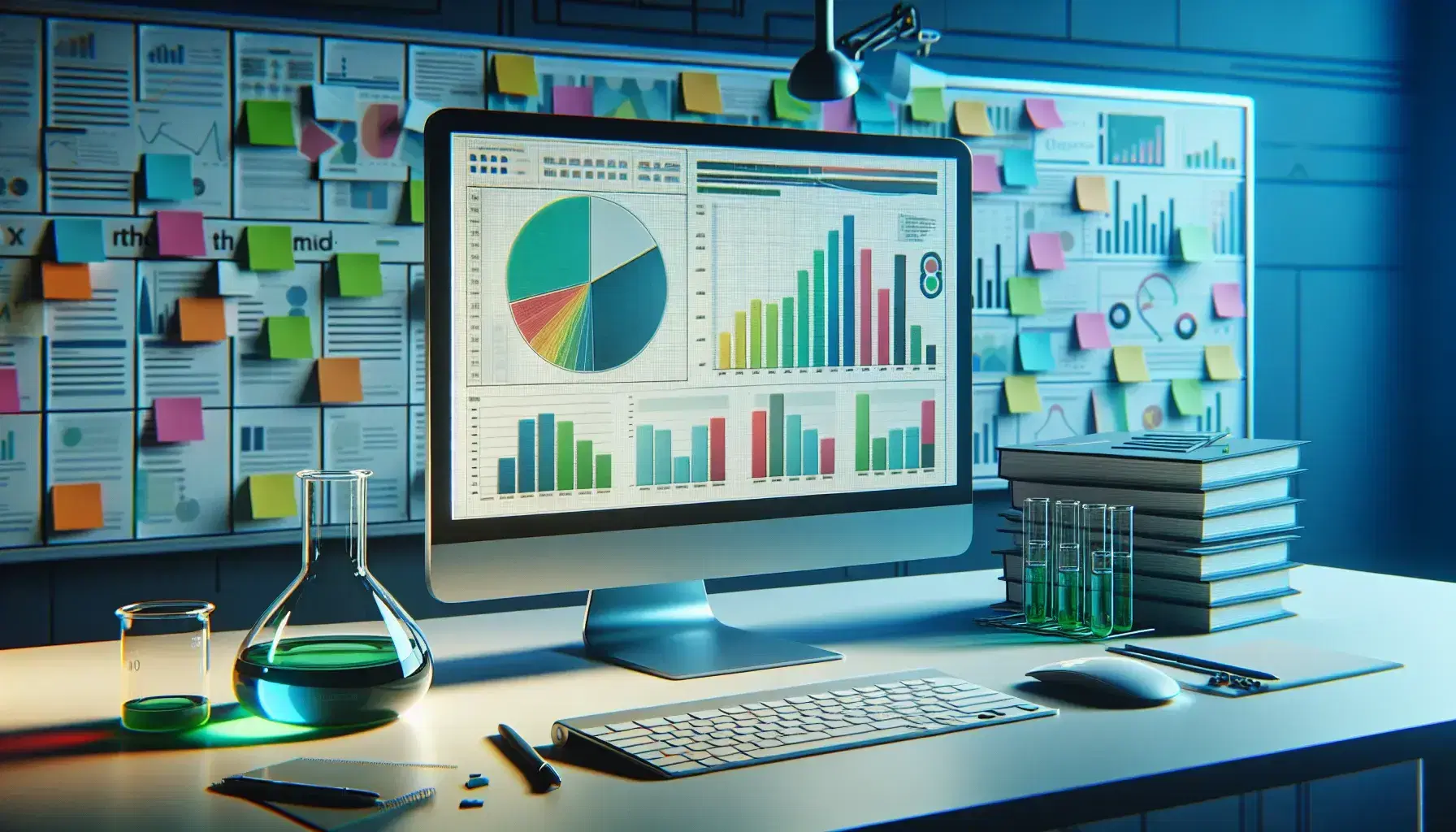 Modern marketing research laboratory with a computer displaying graphs, a beaker with green liquid, reports, and a bulletin board with color-coded sticky notes.