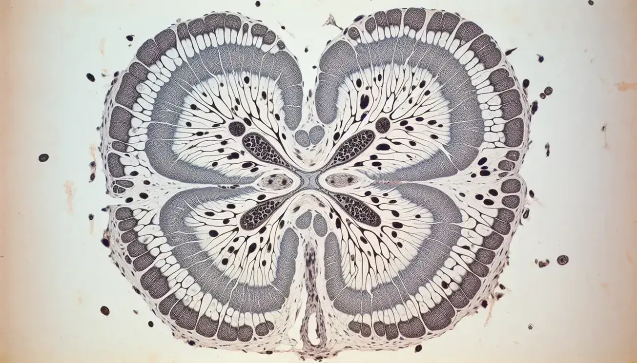 Vista microscópica de una sección transversal del tejido de la médula espinal humana, mostrando materia gris en forma de mariposa y trazas paralelas de materia blanca.