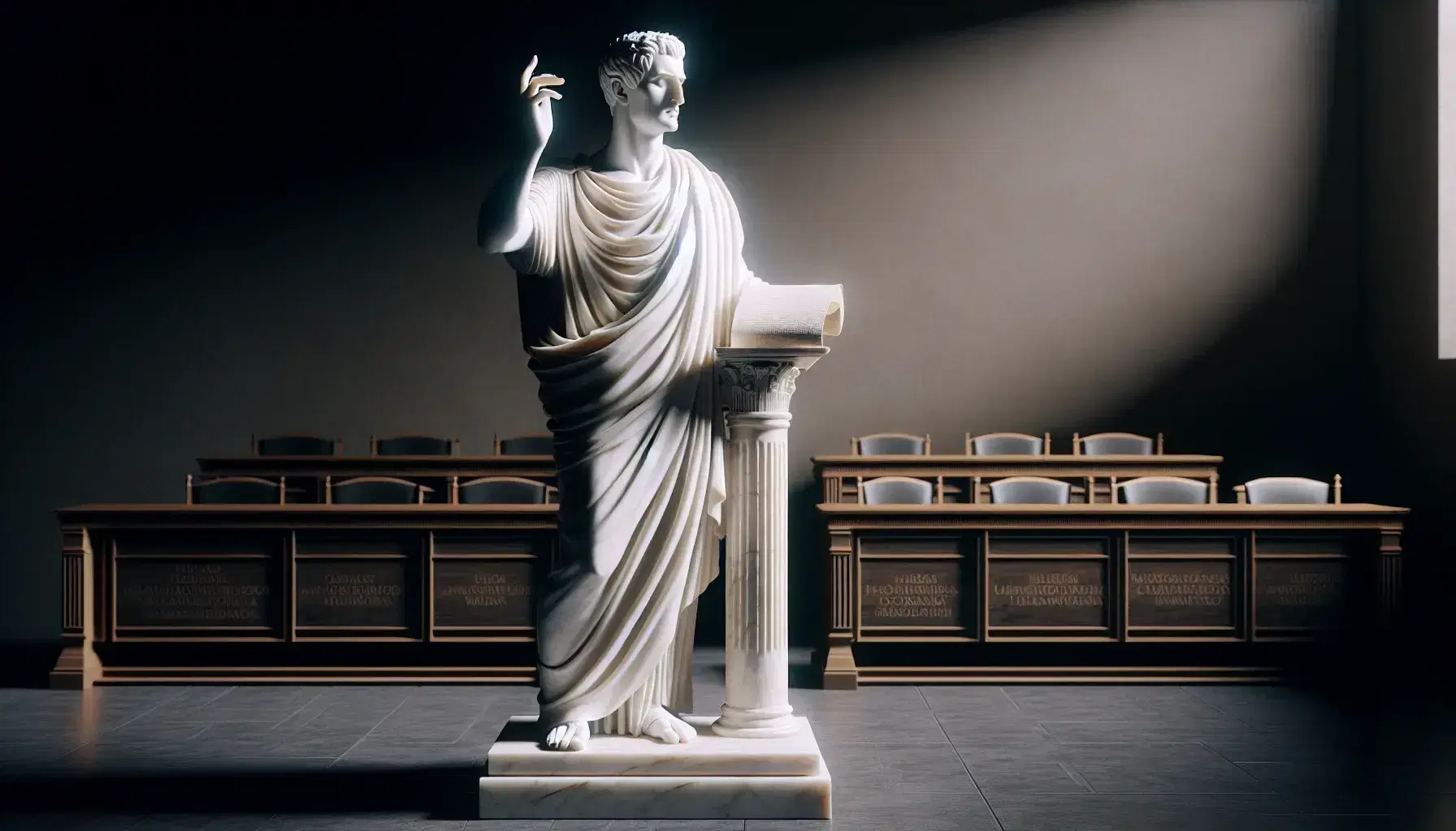 Statua in marmo di oratore romano con toga e papiro in aula di retorica antica, espressione seria e mano alzata.