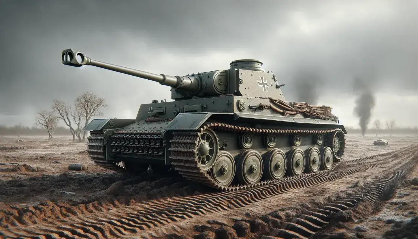 Carro armato Panzer IV tedesco su terreno polveroso con alberi spogli e fumo sullo sfondo in un campo di battaglia della Seconda Guerra Mondiale.
