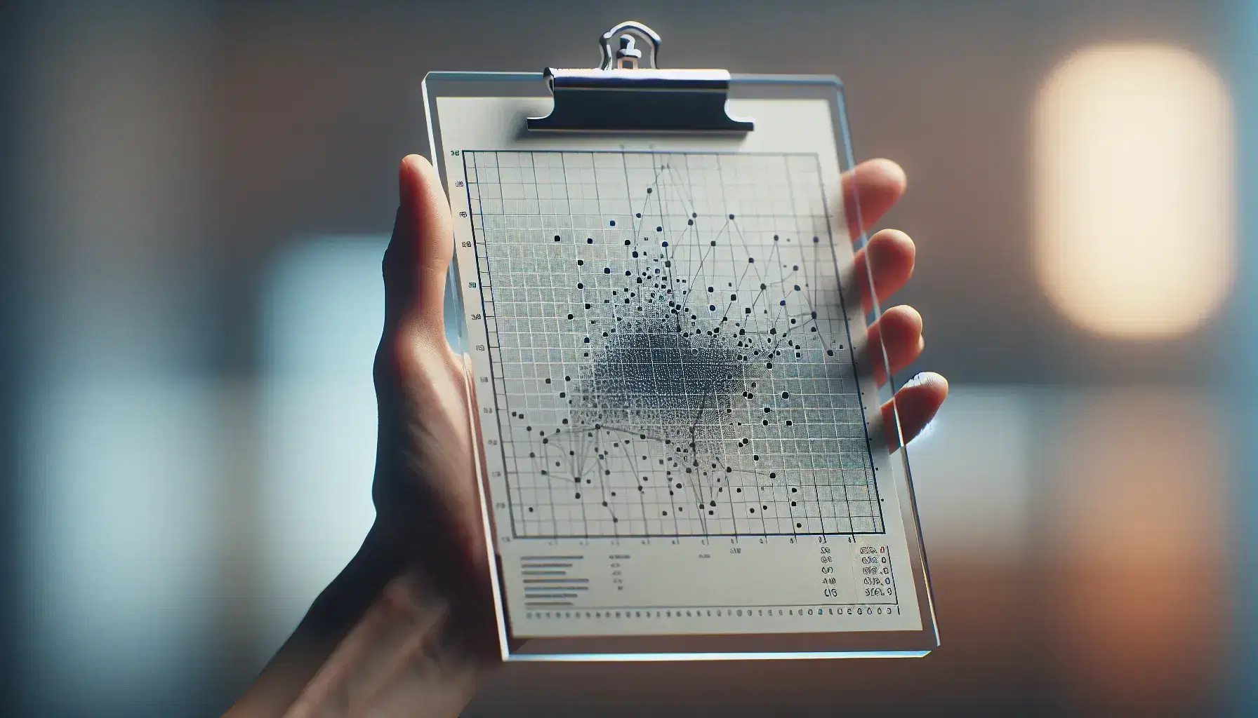 Hand holding a transparent board with a sheet of paper showing a scatter plot with dots indicating positive correlation.