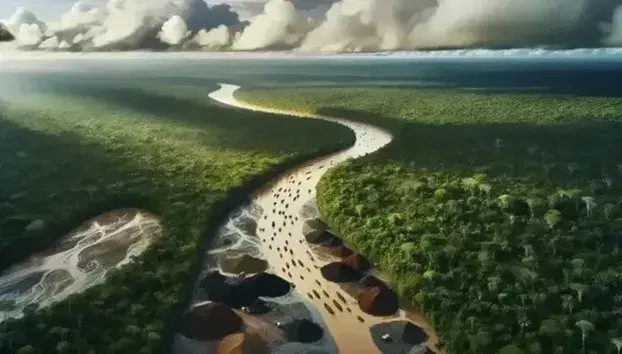 Vista aérea de la selva amazónica en Colombia con un río serpenteante, botes de madera y personas junto a montones de tierra extraída.