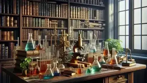 Messy scientist laboratory with wooden workbench, brass microscope, plants and old books on shelves, window with autumn view.
