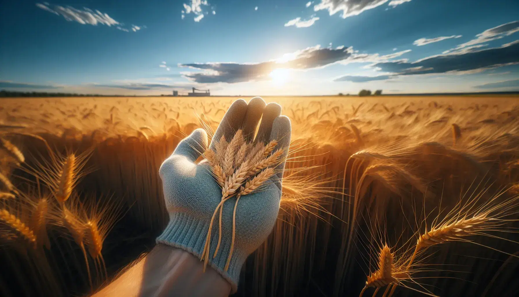Campo di grano dorato al tramonto con spighe mature in primo piano tenute da una mano guantata, sotto un cielo azzurro con nuvole sparse.
