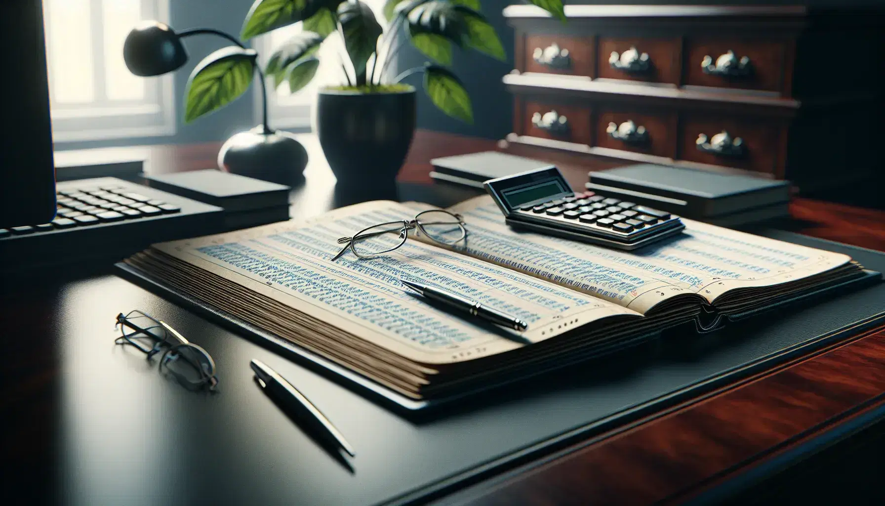 Close-up view of an organized office desk featuring an open ledger with blue ink entries, a black calculator, silver-framed eyeglasses, and a potted plant.