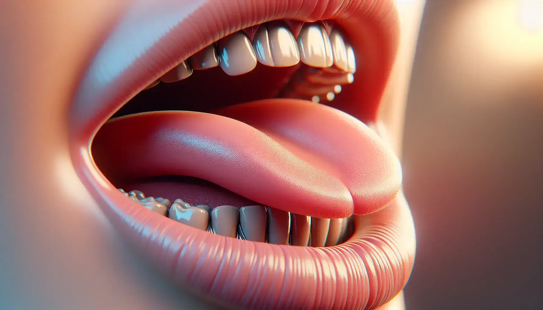 Close-up view of a human mouth with lips slightly parted, tongue touching the upper alveolar ridge, demonstrating the Spanish rolled "r" sound articulation.