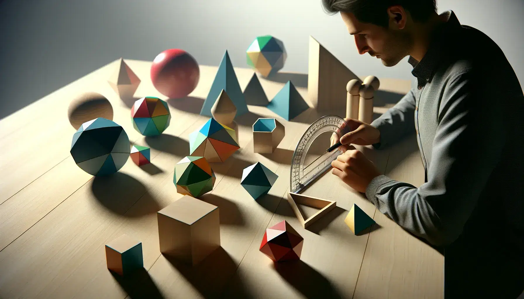 Person sitting at desk measuring a wooden tetrahedron with a transparent ruler, surrounded by colorful 3D geometric shapes.