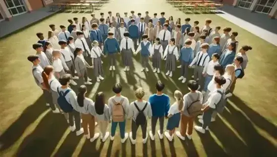 Grupo diverso de estudiantes en uniformes escolares formando un círculo al aire libre, con dos jóvenes dándose la mano en señal de acuerdo.