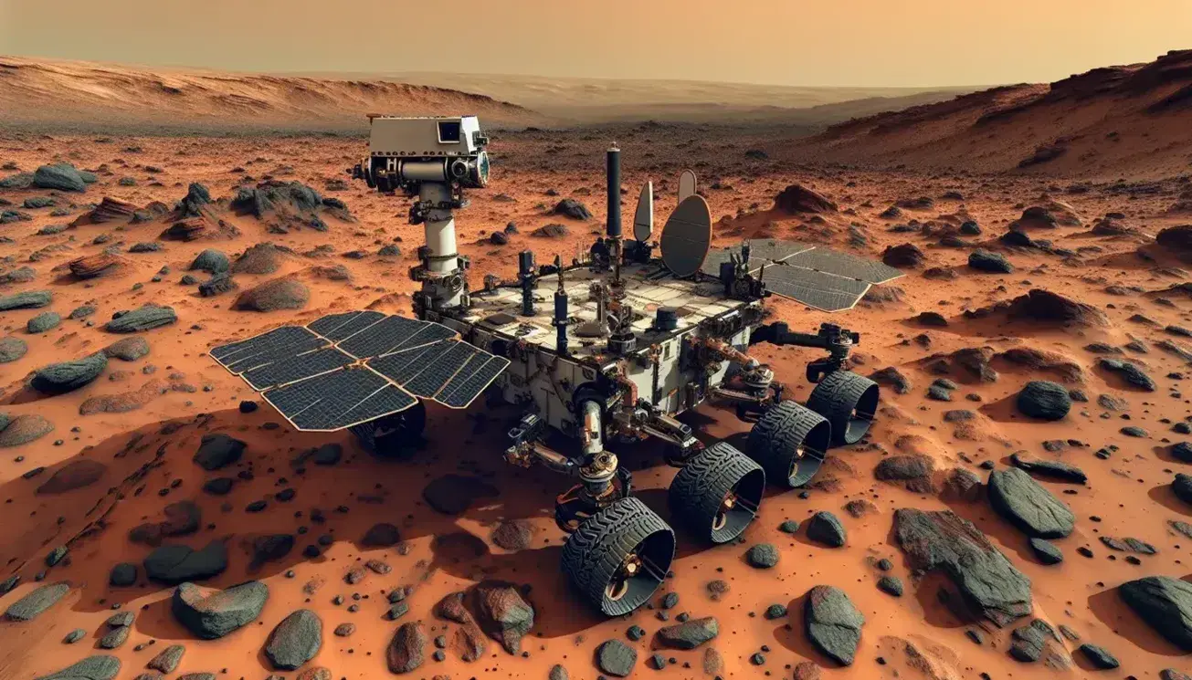 Rover spaziale su superficie marziana con terreno roccioso, pannelli solari blu e cielo arancione sfumato verso il giallo.