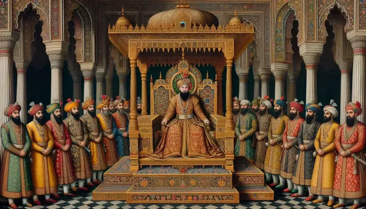 Majestic Mughal court scene with a royal figure on a gold throne, surrounded by nine nobles in vibrant traditional attire, set in an ornate hall.
