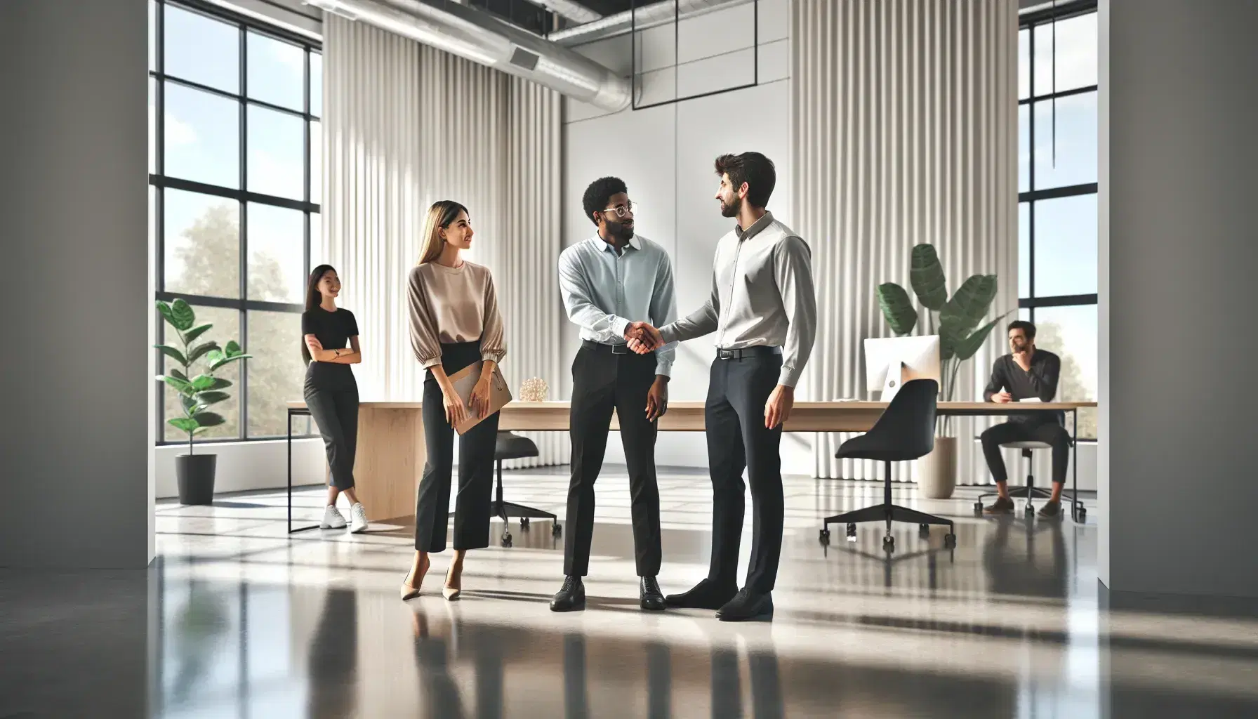 Mujer de Oriente Medio y hombre afroamericano estrechando manos en oficina moderna y luminosa con colegas observando, plantas verdes y escritorio con portátil.