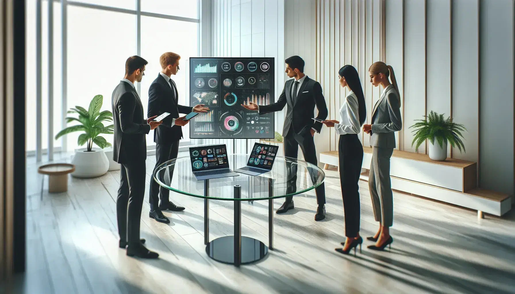 Grupo de cinco profesionales colaborando en una oficina moderna alrededor de una mesa de vidrio con dispositivos electrónicos y una planta verde al fondo.