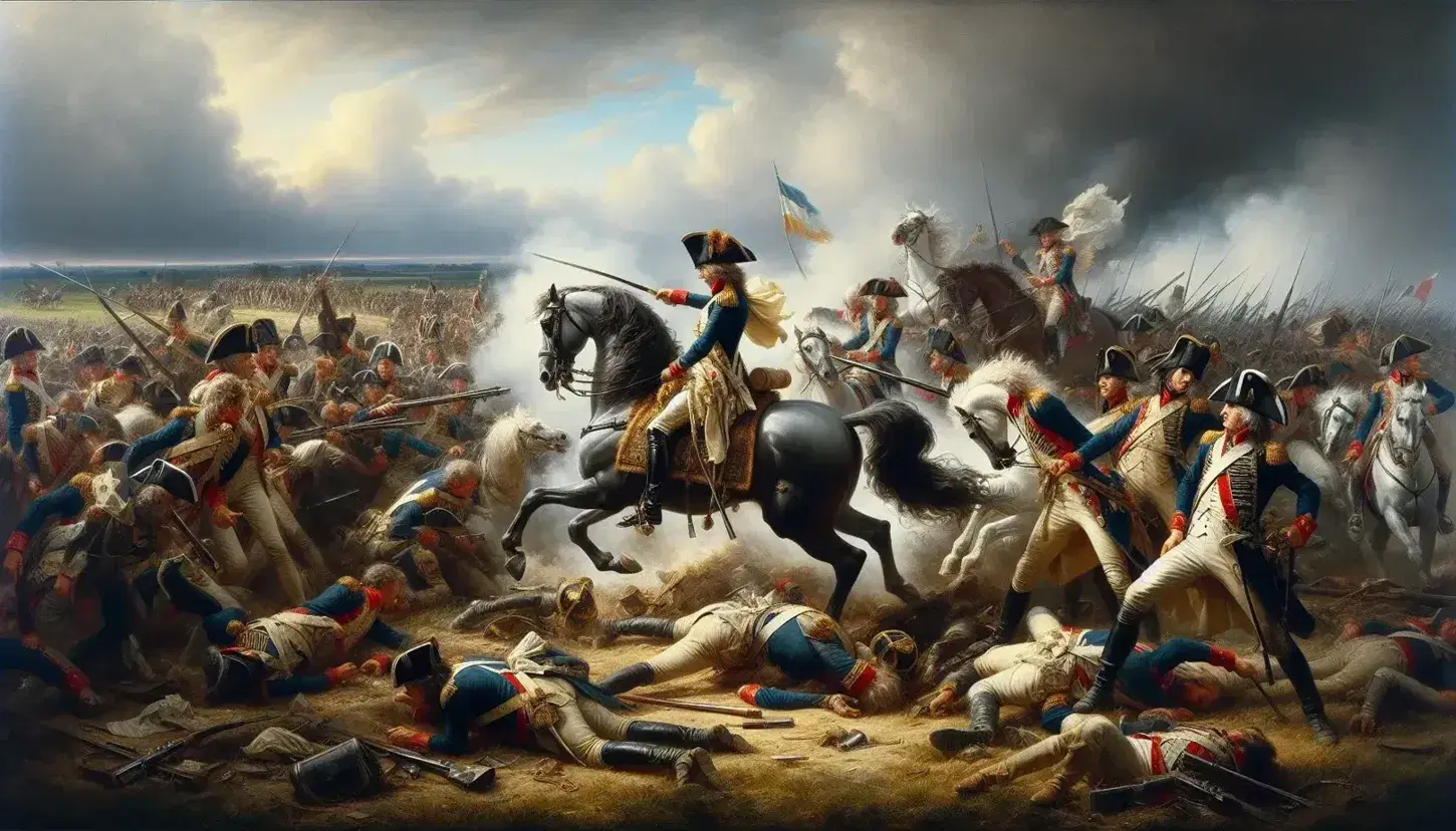Dipinto storico raffigurante battaglia della Guerra dei Sette Anni con soldati in uniformi del XVIII secolo e cavaliere corazzato.