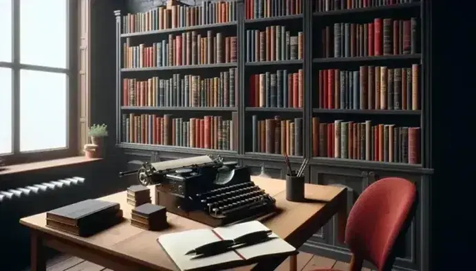 Librería de madera oscura repleta de libros de colores variados, mesa con máquina de escribir vintage y silla con cojín rojo, cuaderno abierto y pluma en un ambiente iluminado naturalmente.