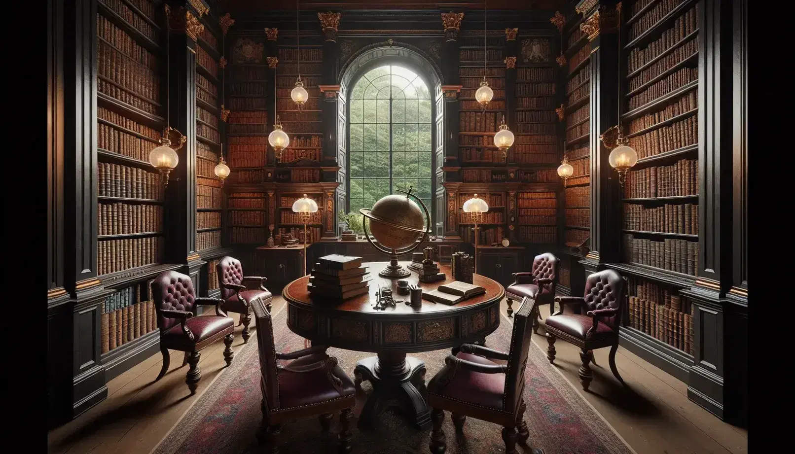 Biblioteca antica con scaffali in legno scuro pieni di libri rilegati, tavolo ovale con globo e sfera armillare, finestre su giardino.