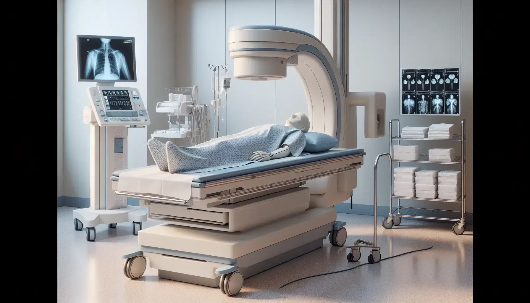 Sala de radiología con cama hospitalaria y paciente acostado, máquina de rayos X y carro con suministros médicos, ambiente estéril.