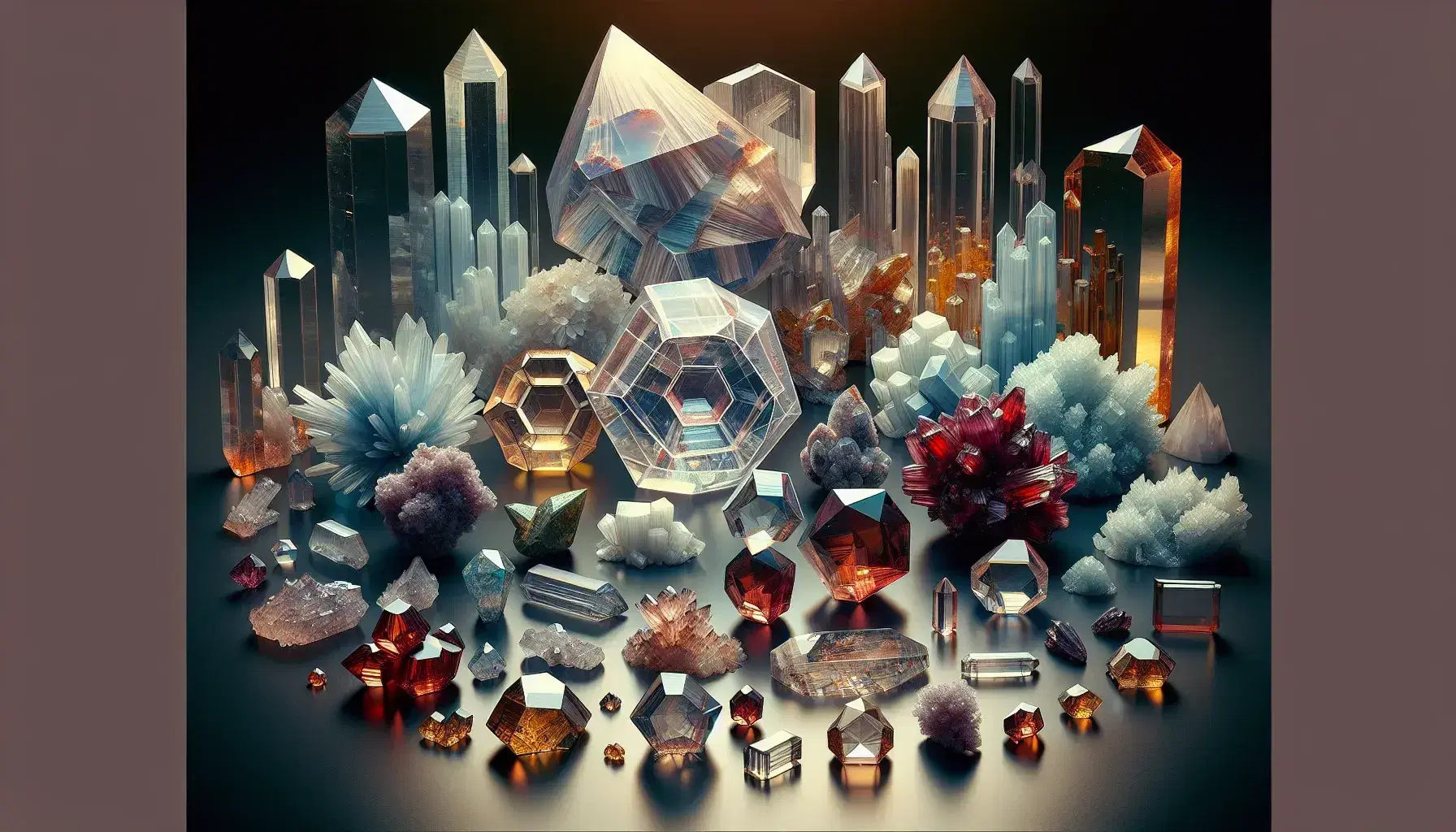 Collection of natural crystalline minerals with light blue hexagonal crystal, red garnets, golden cubic pyrite, rutilium acicular and green dodecahedral crystal.