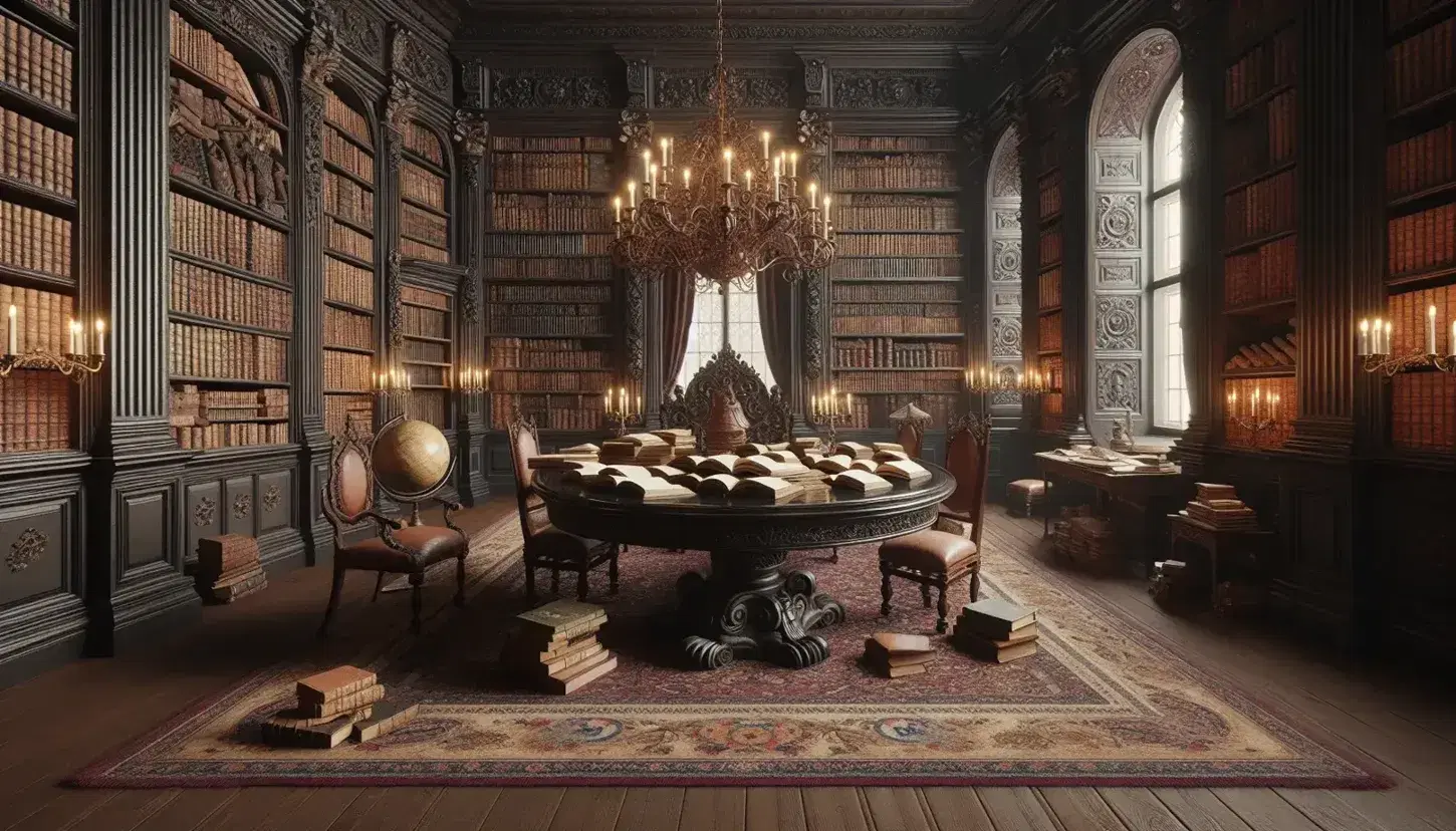Biblioteca settecentesca con scaffali in legno scuro e libri rilegati, tavolo ovale centrale, candelabro in ferro battuto e tappeto persiano.