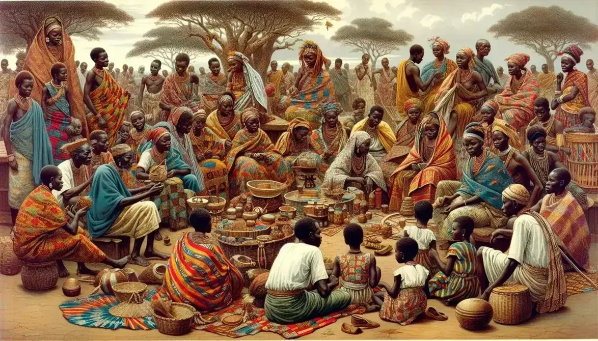 African community engaged in traditional crafts under a large tree, with women in colorful attire making baskets and pottery, men conversing, and children playing.