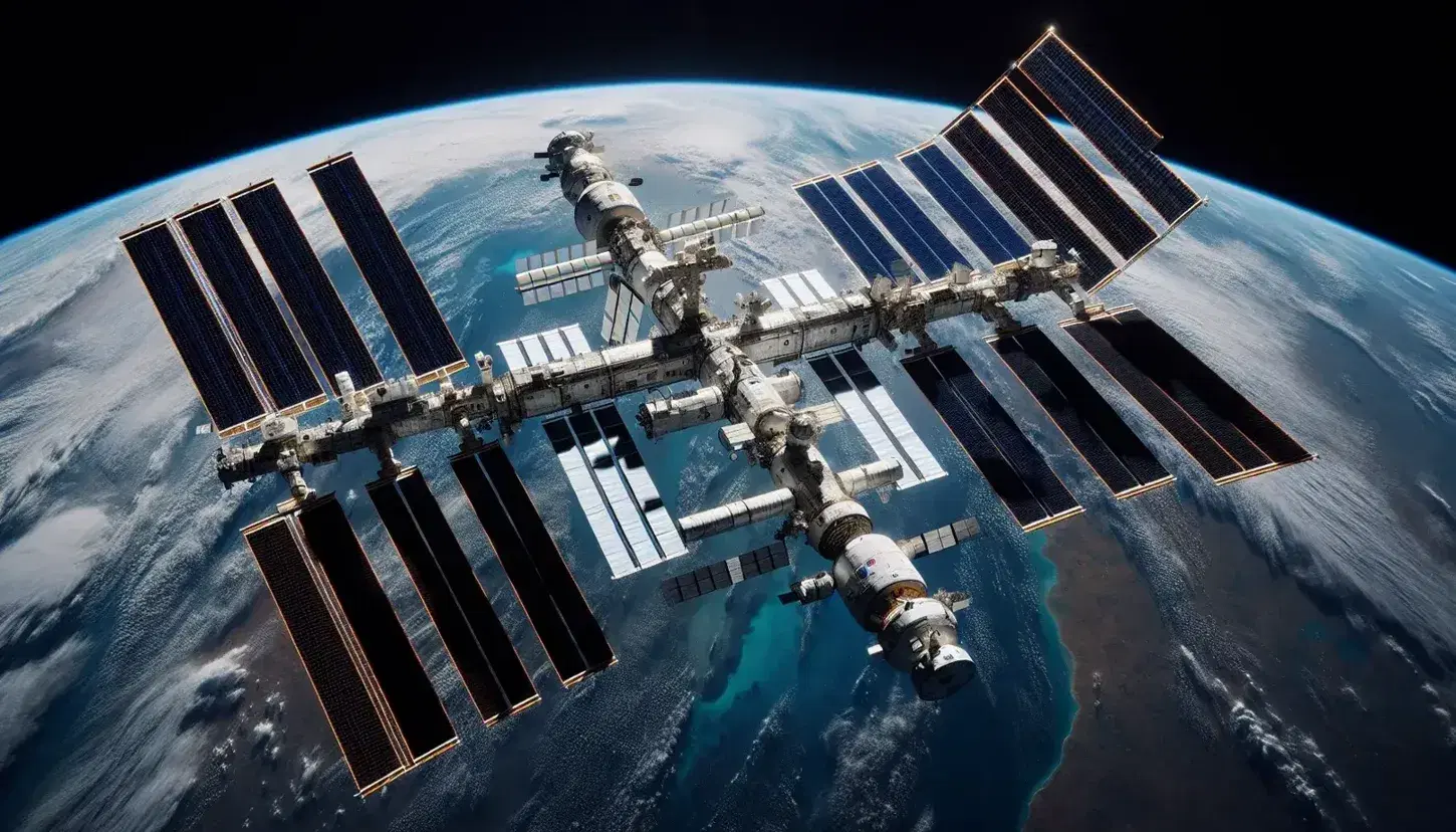 Stazione Spaziale Internazionale in orbita terrestre con pannelli solari blu, moduli cilindrici e sfondo del pianeta Terra.