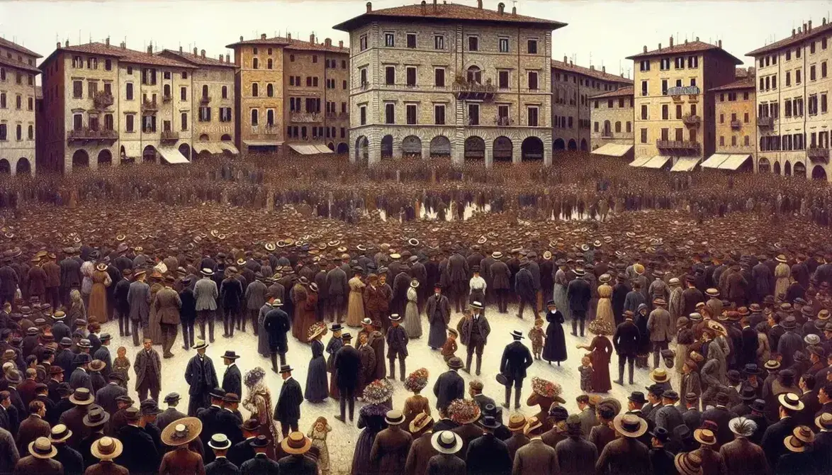 Piazza italiana affollata nel periodo post-prima guerra mondiale, con uomini in cappelli a tesa larga e donne in abiti lunghi, circondata da edifici d'epoca.