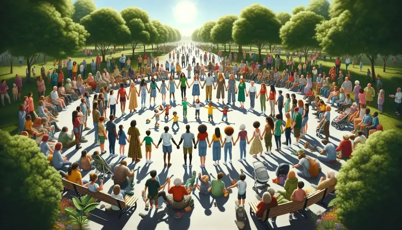 Grupo diverso de personas unidas en un parque, formando un círculo y sosteniéndose de las manos, con niños jugando y leyendo en un día soleado.