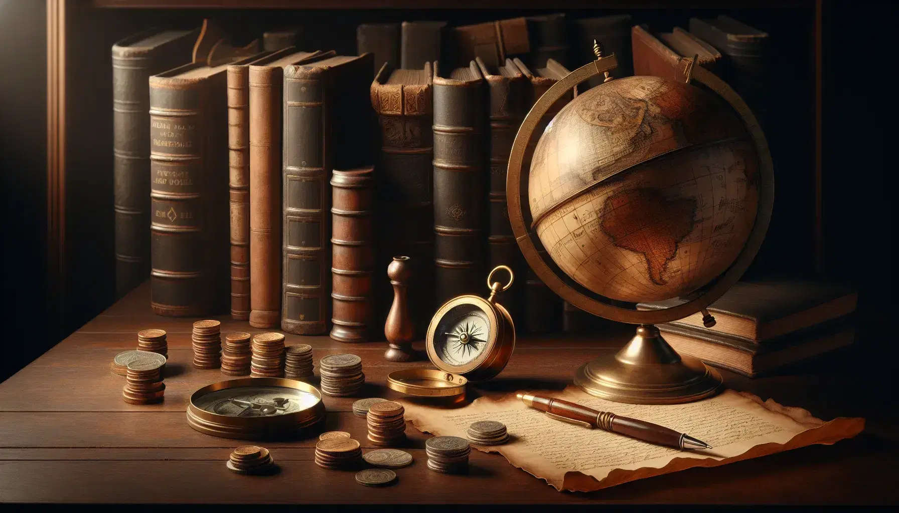 Mesa antigua con globo terráqueo sepia, brújula abierta, lupa con mango de madera, pergamino parcialmente desenrollado y monedas variadas, fondo de estantería con libros antiguos.