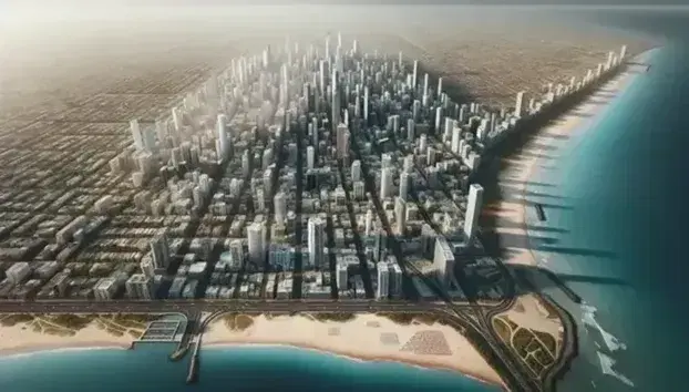 Veduta aerea di una città costiera con grattacieli centrali, edifici, strade, spiaggia sabbiosa e mare turchese.