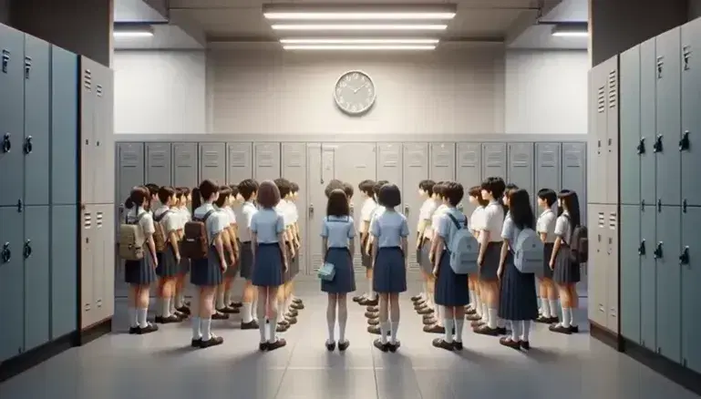 Estudiantes uniformados con camisas blancas y pantalones o faldas azul oscuro escuchan atentamente frente a casilleros escolares grises.