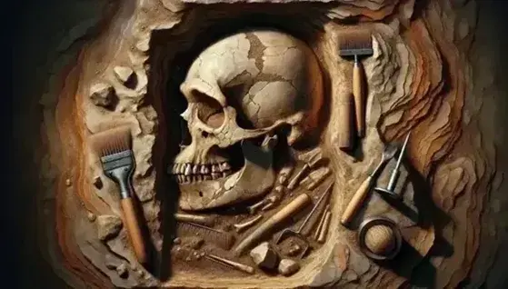 Fossil hominid skull partially excavated with archaeological tools on stratified soil, highlighting details such as superciliary arches and mandible.