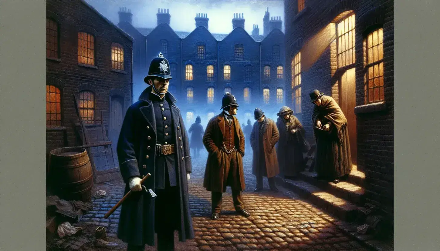 19th-century cobblestone street at dusk with a patrolling policeman in top hat, a pickpocket in action, a shrouded woman, and a departing carriage.