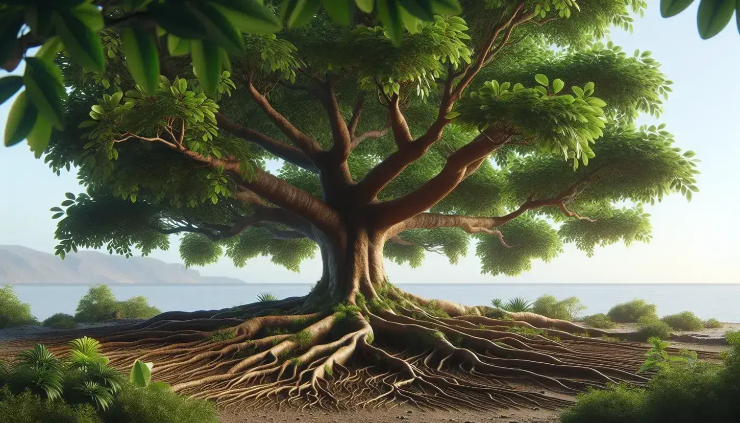 Árbol frondoso con raíces visibles y tronco grueso, hojas verdes bajo un cielo azul despejado, destacando la naturaleza y tranquilidad sin elementos externos.