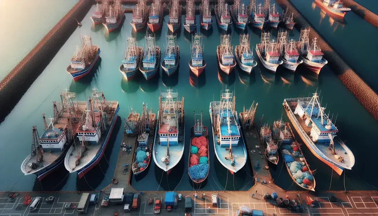 Vista aérea de barcos pesqueros de colores variados amarrados en puerto con personas trabajando y reflejo del cielo en el agua.