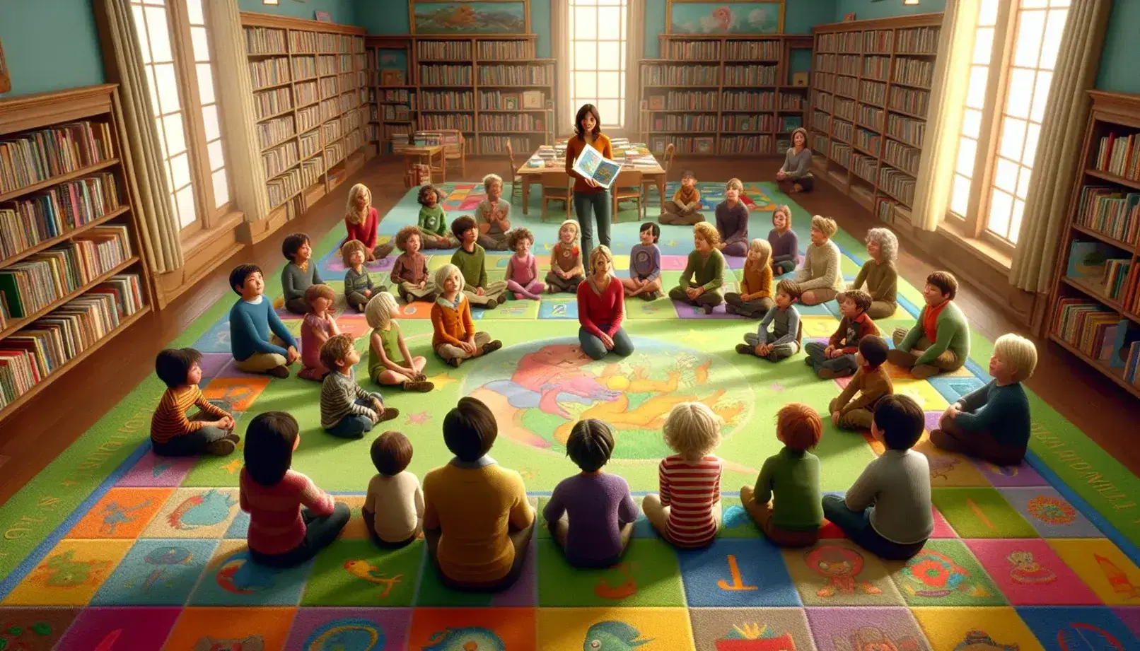 Niños atentos escuchando cuentos en una biblioteca, sentados en alfombra colorida con libros ilustrados en primer plano y estantes llenos al fondo.