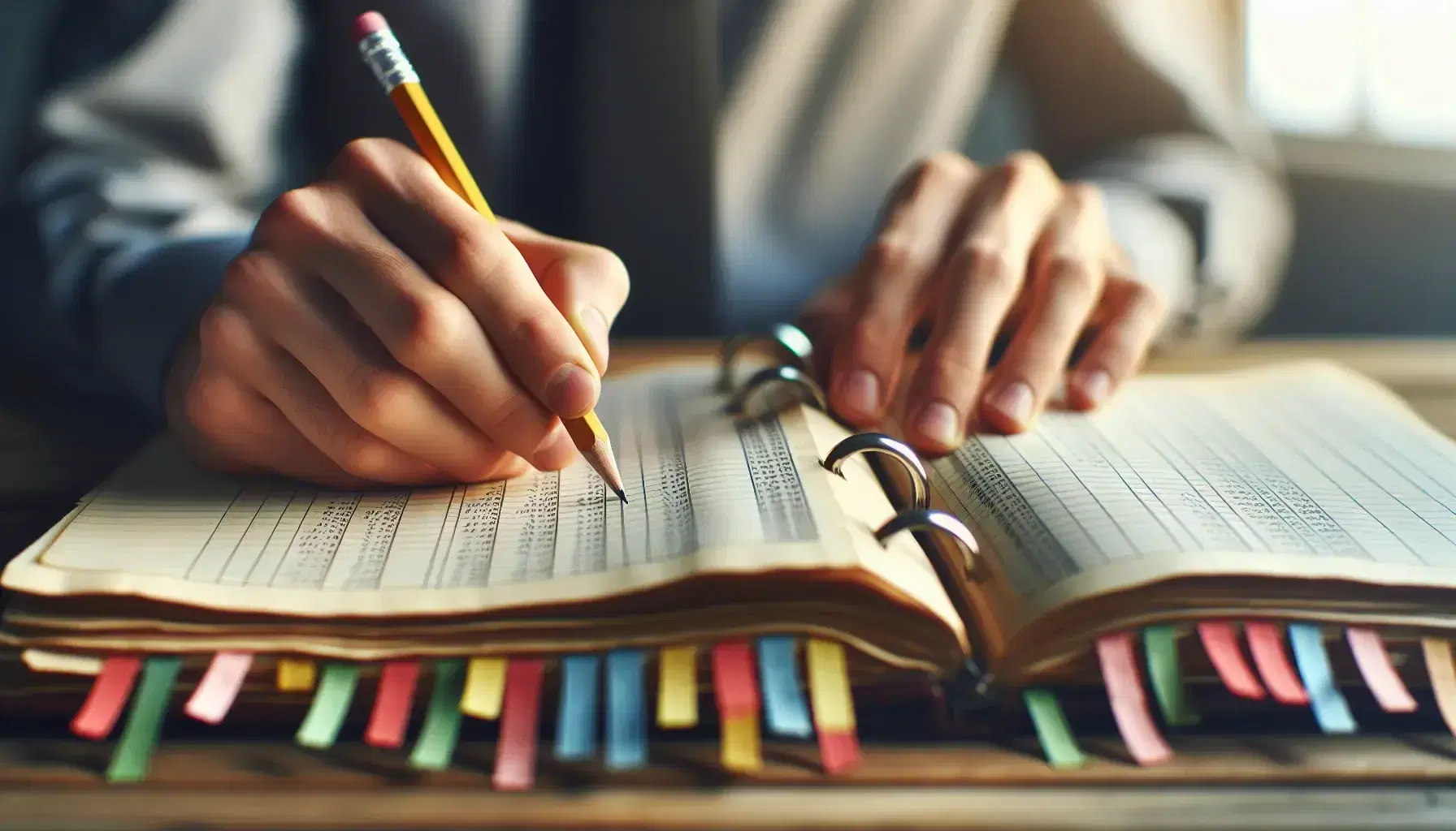 Close-up of hands with a pencil over paper ledgers with colorful tabs, suggesting meticulous financial record-keeping in an office setting.