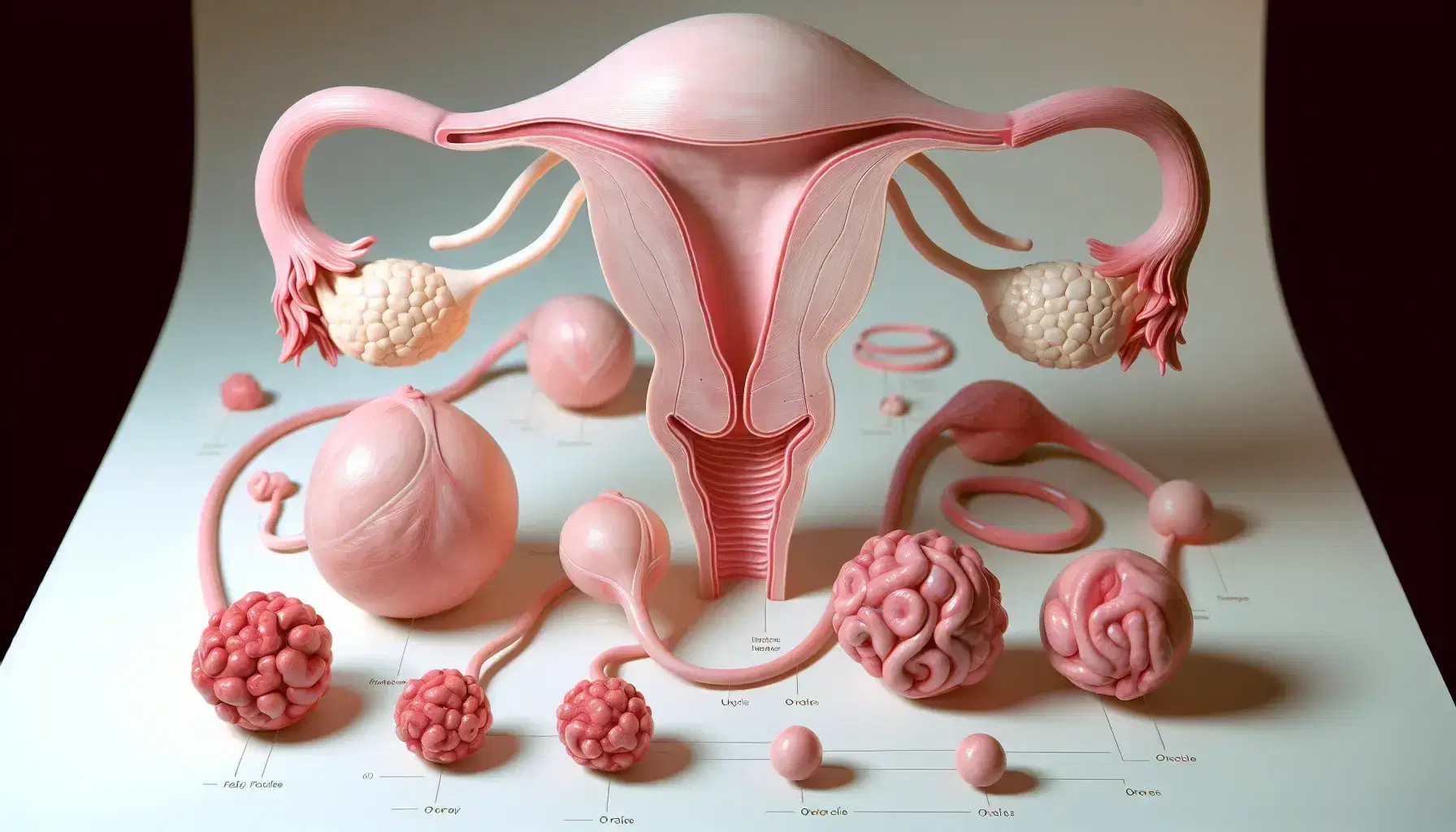 Modelos anatómicos tridimensionales de órganos reproductivos femeninos con útero, trompas de Falopio, ovarios y folículos ováricos en distintas etapas de desarrollo.