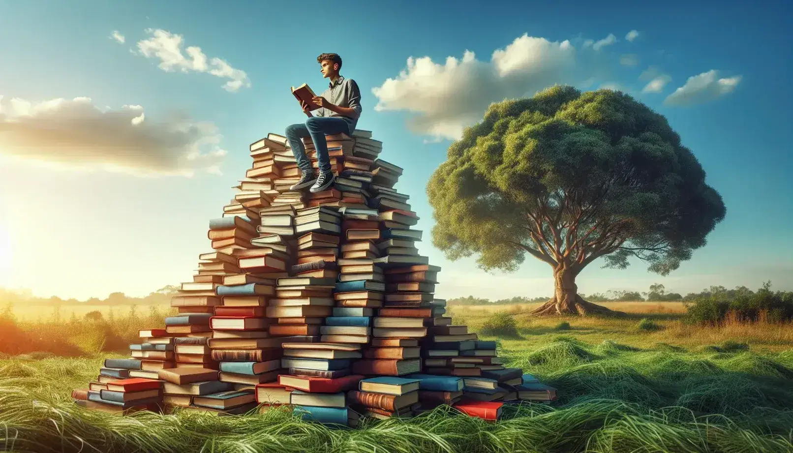 Giovane assorto nella lettura di un libro seduto su una pila di libri colorati all'aperto, vicino a un albero rigoglioso, sotto un cielo sereno.