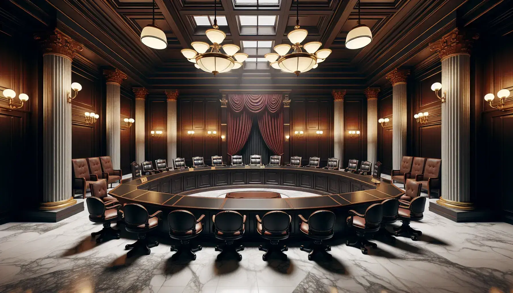 Interior elegante de sala de tribunal vacía con mesa en forma de herradura, sillas para jueces y cortina roja de terciopelo en fondo, iluminada por lámparas clásicas.