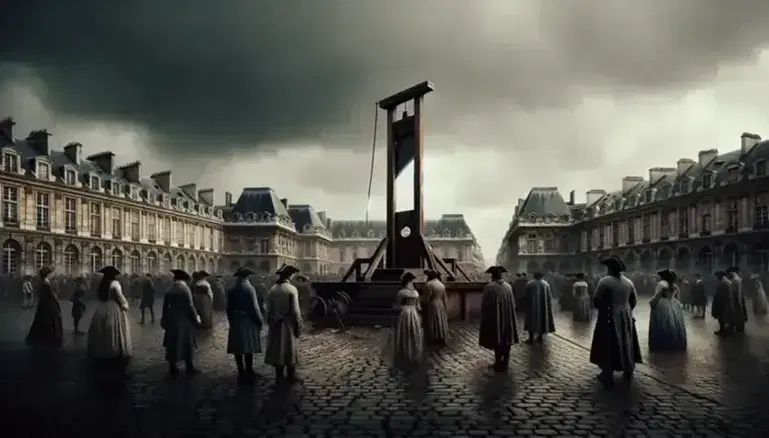 Late 18th-century depiction of Place de la Révolution with a weathered guillotine, somber crowd in period attire, and historic Parisian buildings under a gray sky.