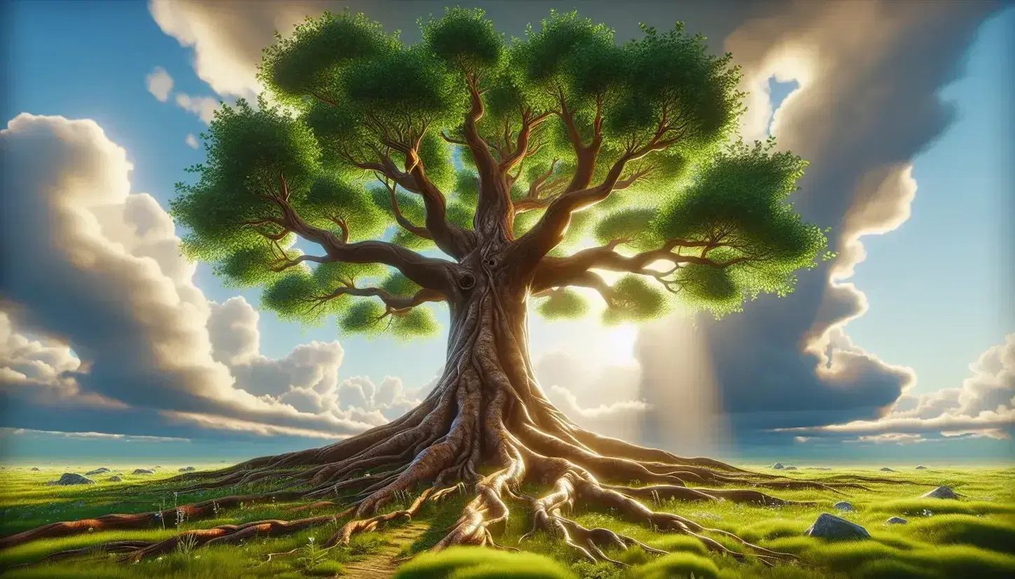 Albero maestoso con radici profonde e foglie verdi sotto un cielo parzialmente nuvoloso illuminato dal sole in un prato verde.