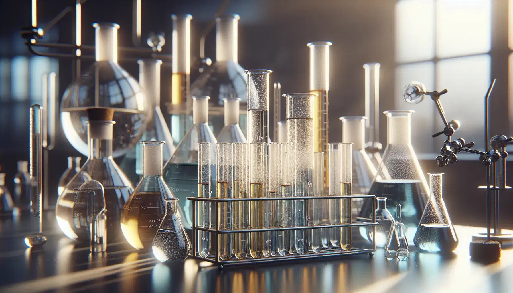 Colección de tubos de ensayo con líquidos de colores en soporte metálico, frascos de vidrio, matraz Erlenmeyer y vaso con líquido azul junto a un mechero Bunsen apagado en laboratorio iluminado naturalmente.