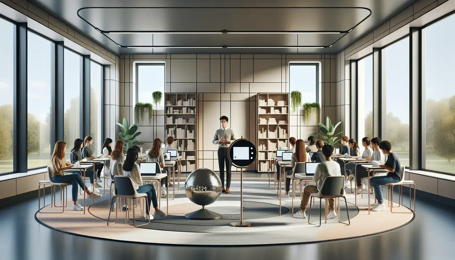 Modern classroom with diverse students seated around a central teacher beside a globe, digital tablets on desks, and a plant-enhanced, well-lit ambiance.
