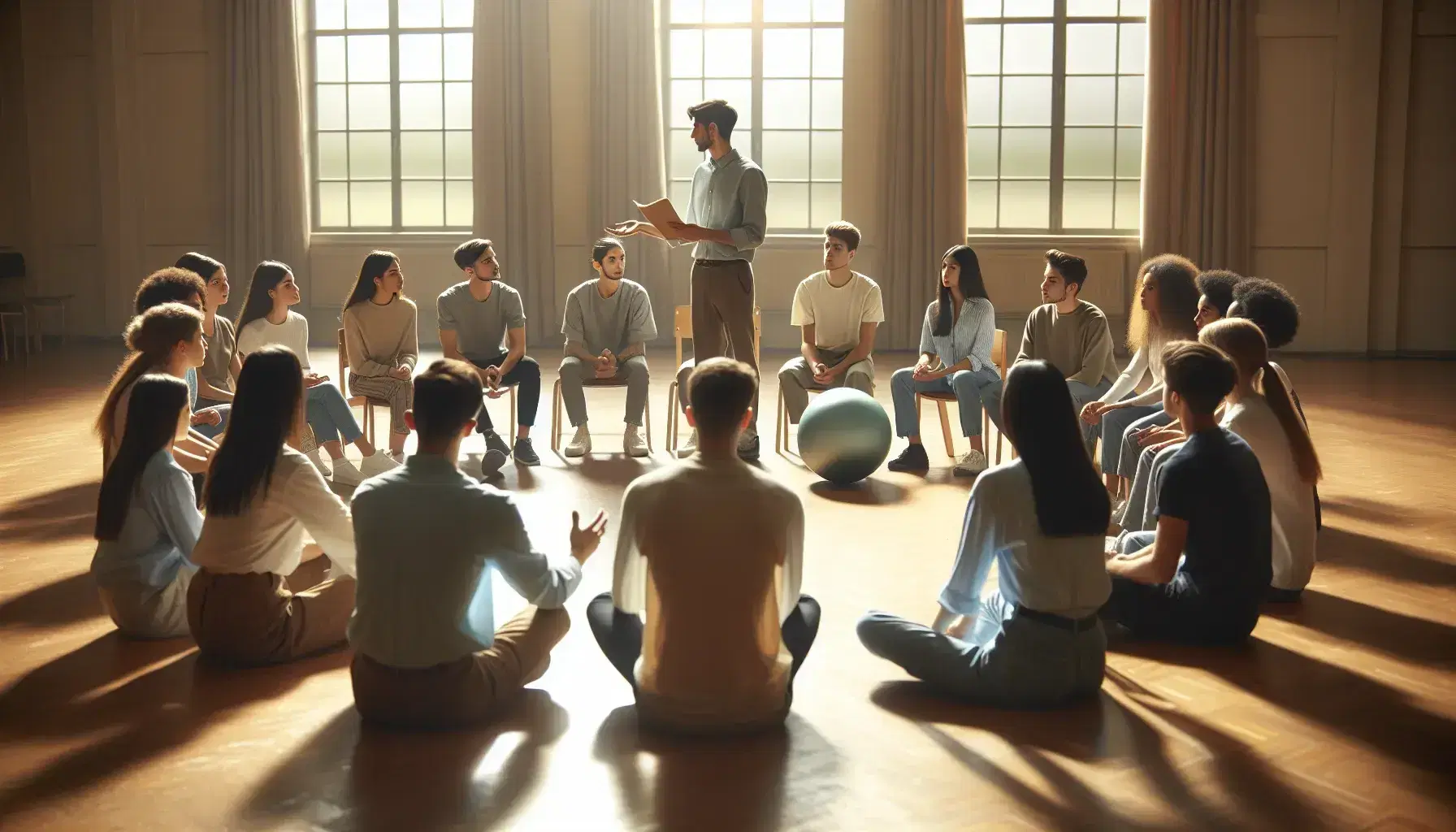 Grupo diverso de estudiantes participa en un debate circular con un facilitador adulto en un aula iluminada naturalmente, mostrando interacción y atención.